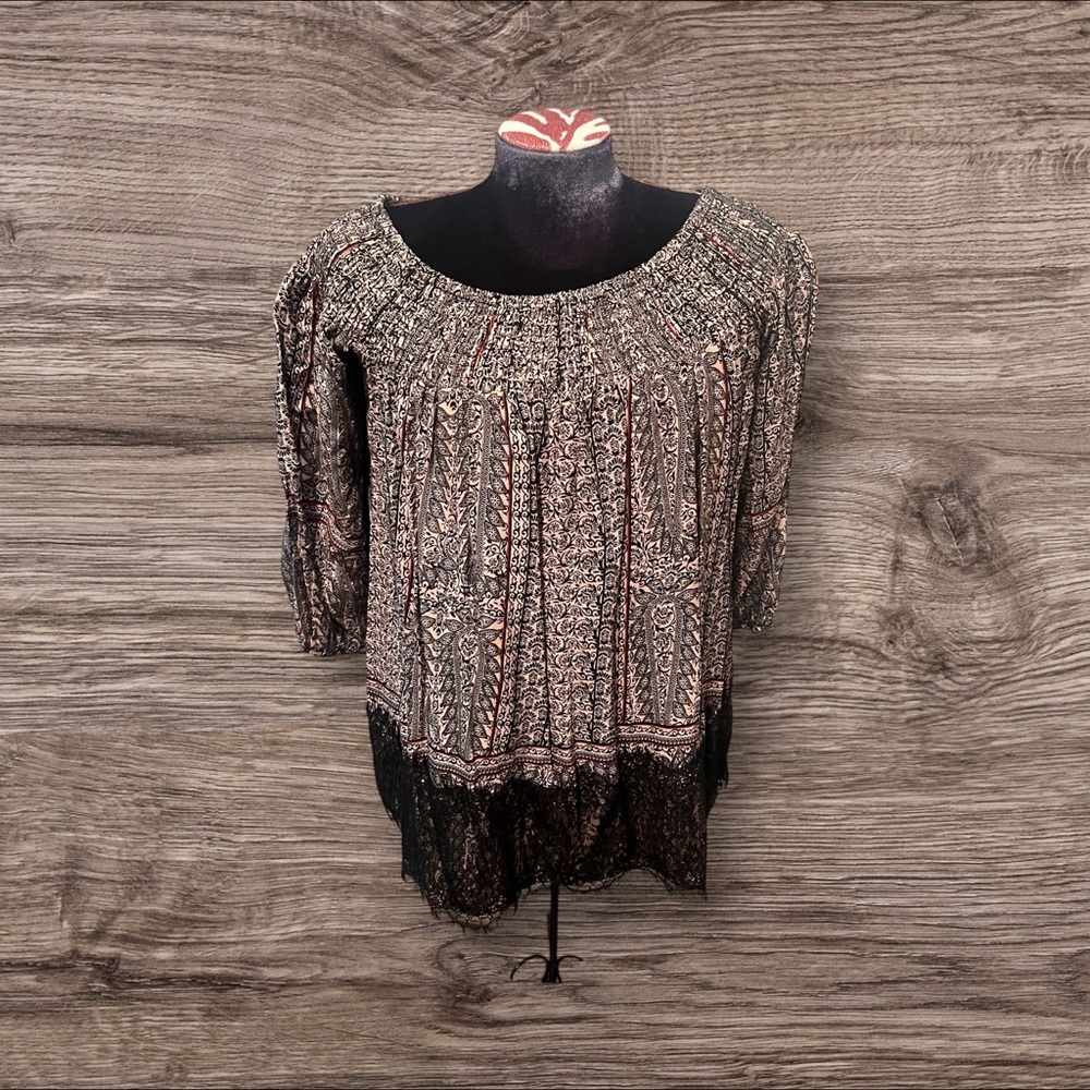Vanessa Virginia Anthropologie Boho Smocked 3/4 Sleeve Top Size XS
